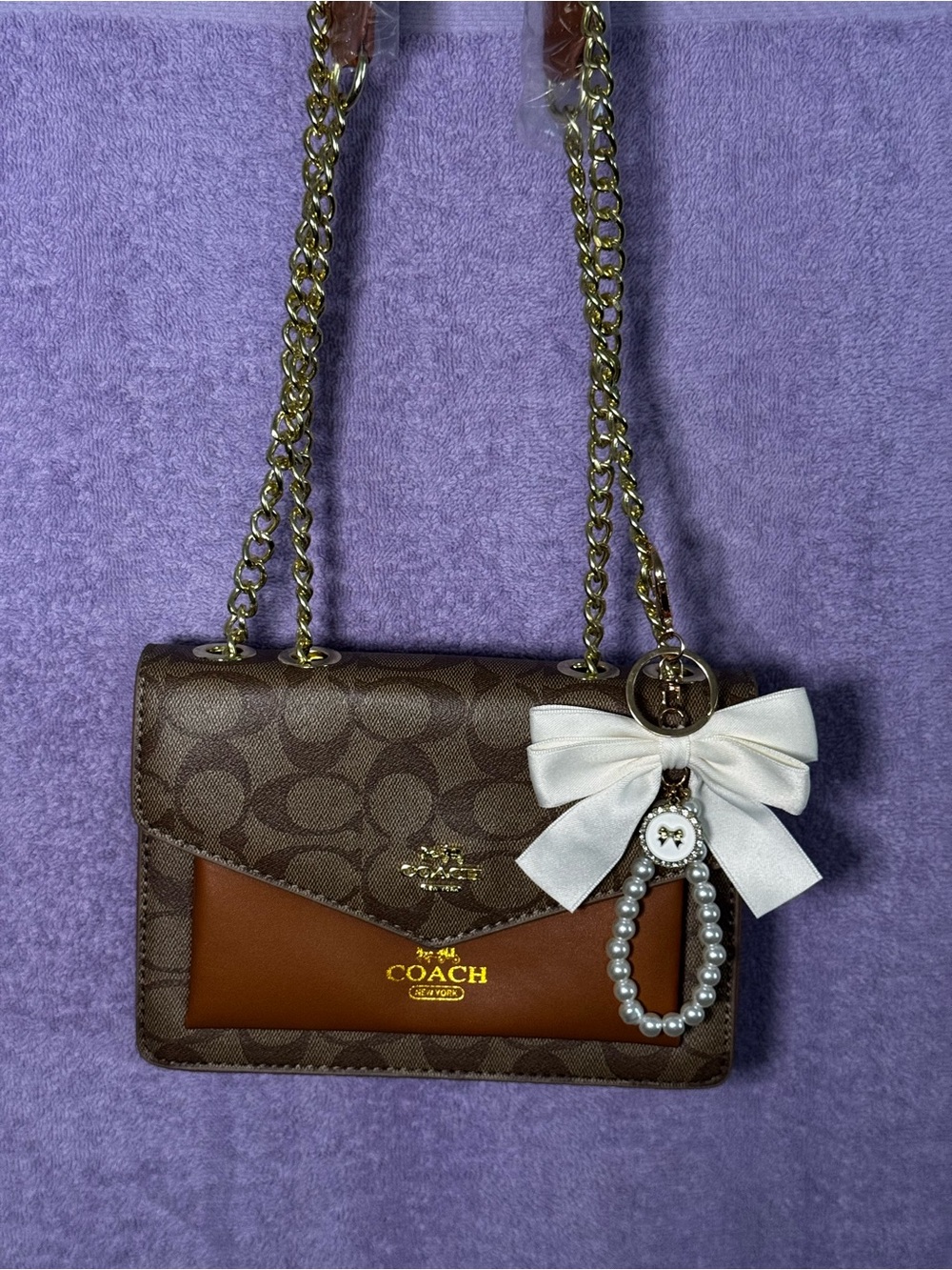 COACH Brown Signature Chain Shoulder Bag with Pearl Bow Charm